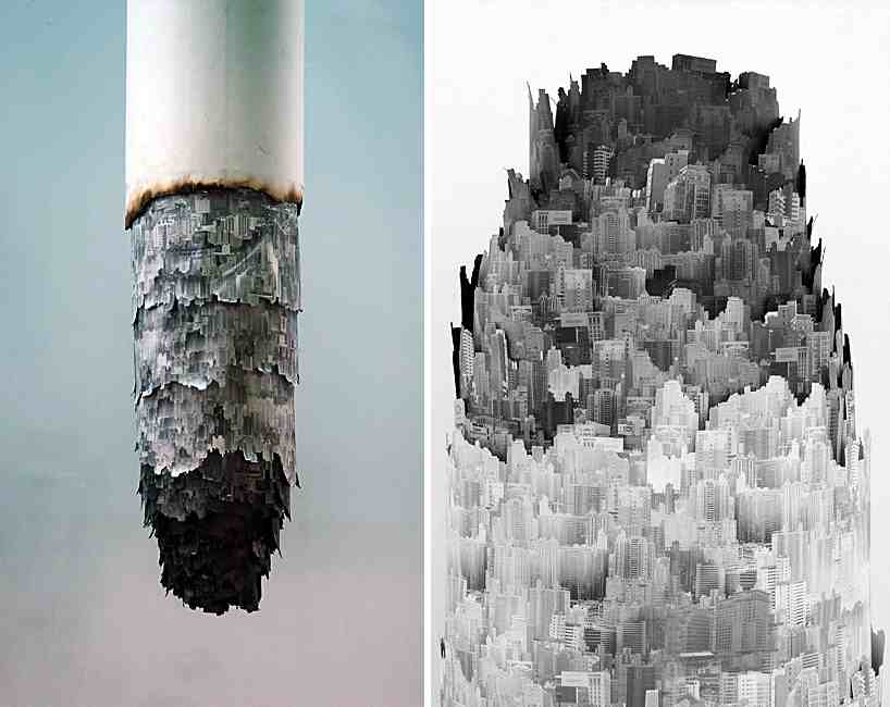 818x650, 36 Kb / сигарета, инсталляция, искусство, пепел, городской пейзаж, фото, коллаж