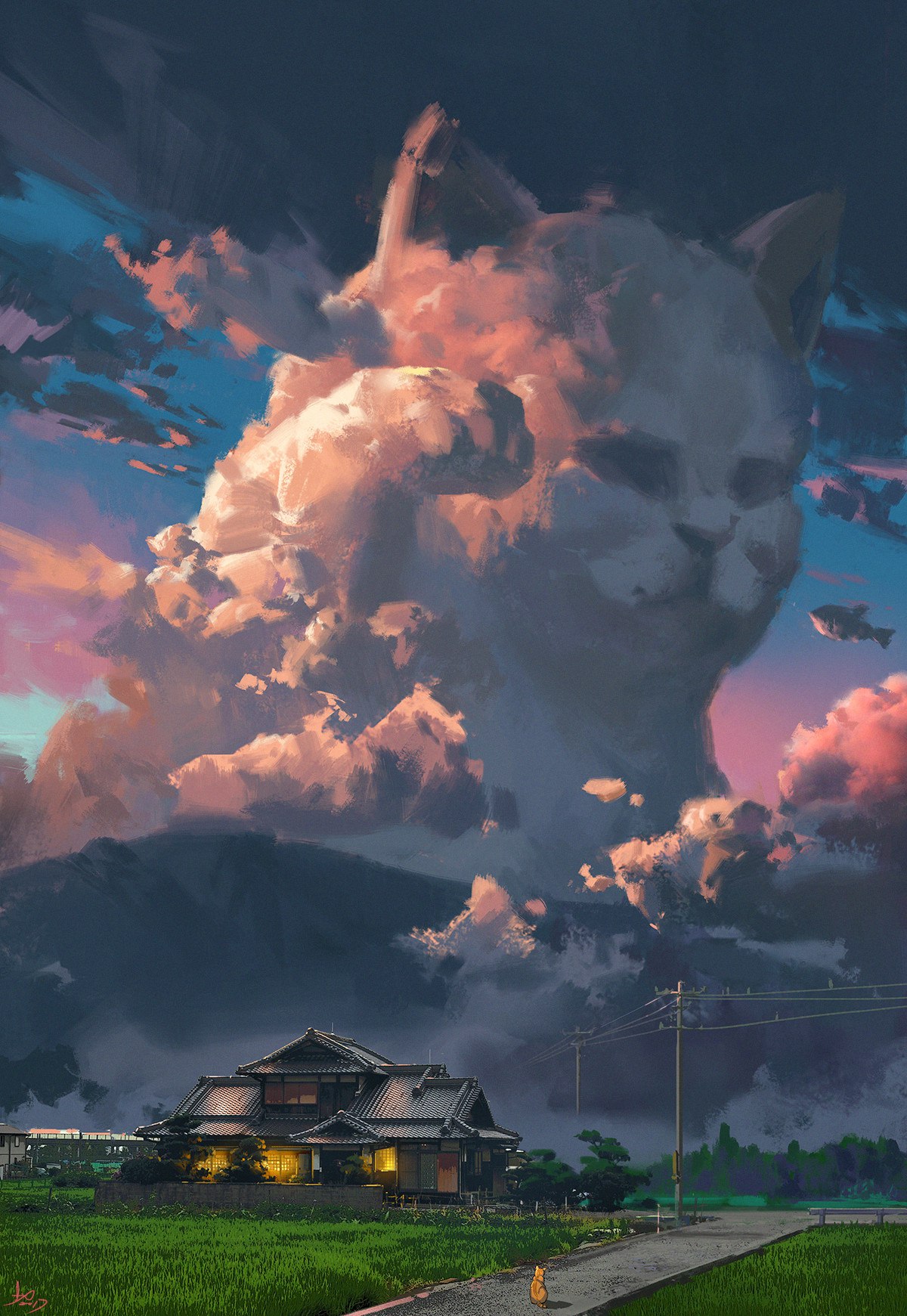 1200x1741, 421 Kb / кот, облака, япония