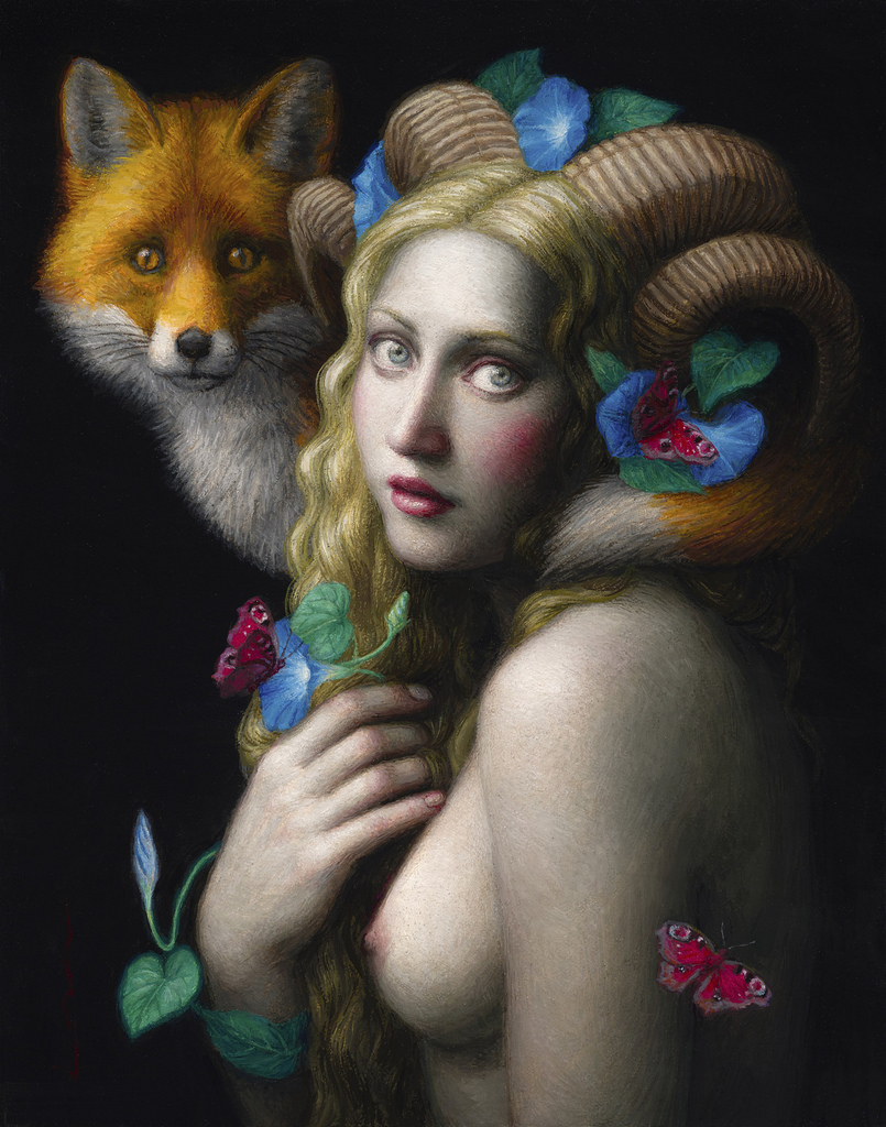 805x1024, 312 Kb / женщина, лиса, рога, бабочки, картина