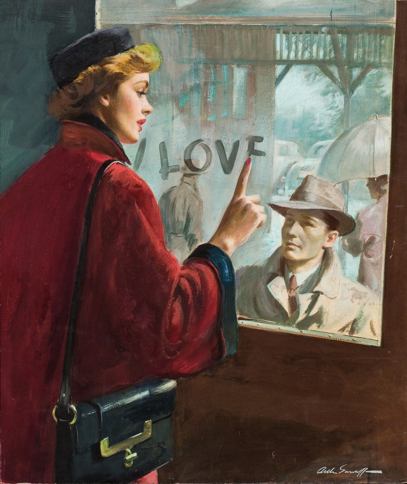 1344x1600, 421 Kb / девушка, мужчина, поезд, любовь, стекло,  Arthur Saron Sarnoff, картина, масло
