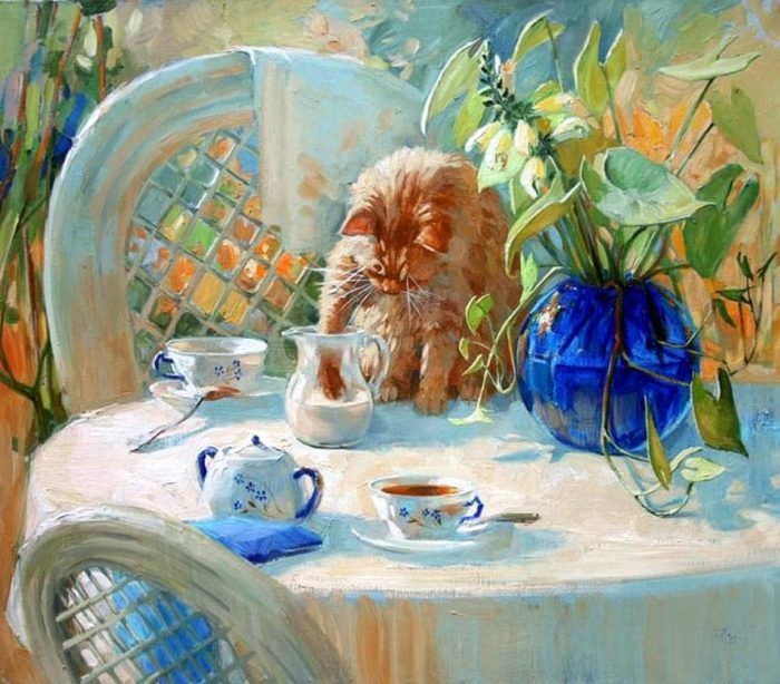 700x614, 87 Kb / Картина, кот, молоко, чайник, цветы