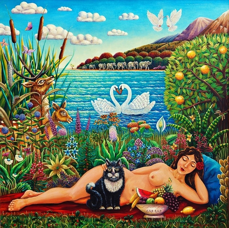 800x794, 366 Kb / девка, фрукты, кот, лебеди, рисунок, Alfrid Shaymardanov