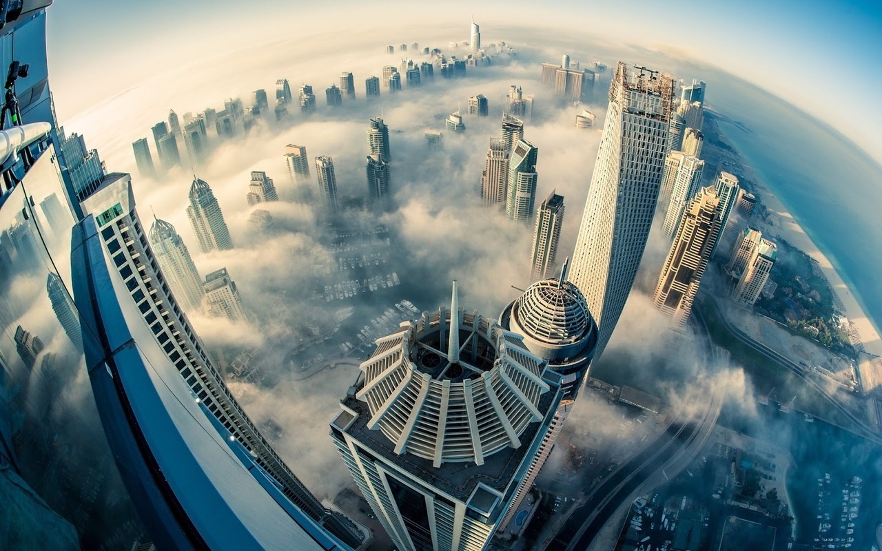 1280x800, 307 Kb / город, Дубаи, облака, туман, небоскреб, море