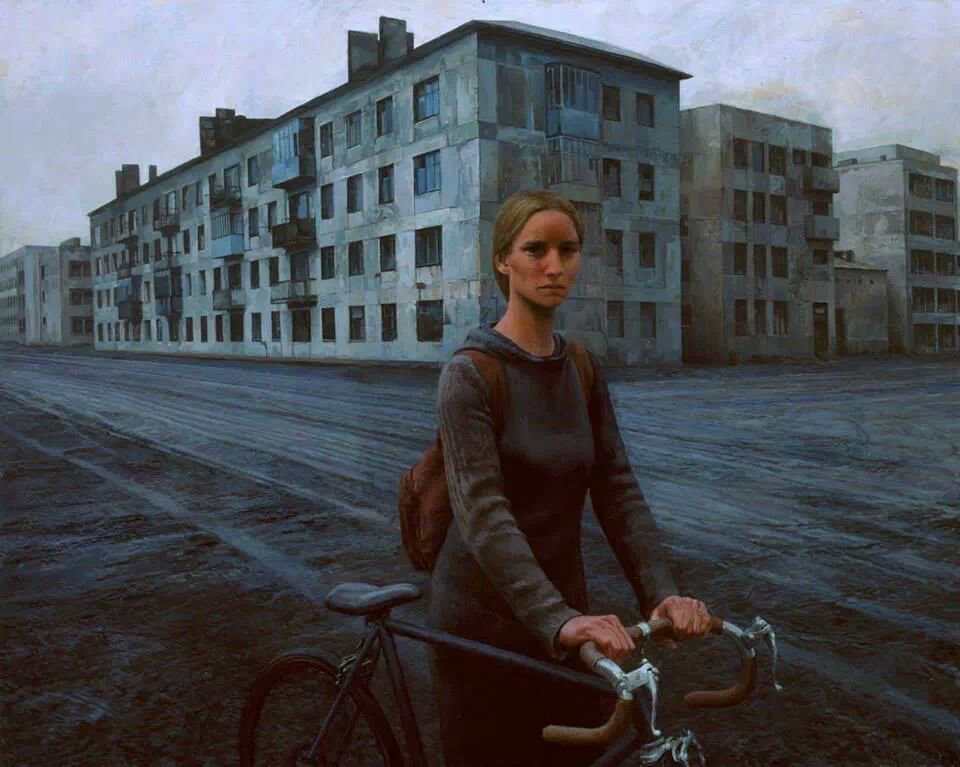 960x767, 100 Kb / девка, велосипед, коробки, рисунок, Aron Wiesenfeld, Girl With Bike