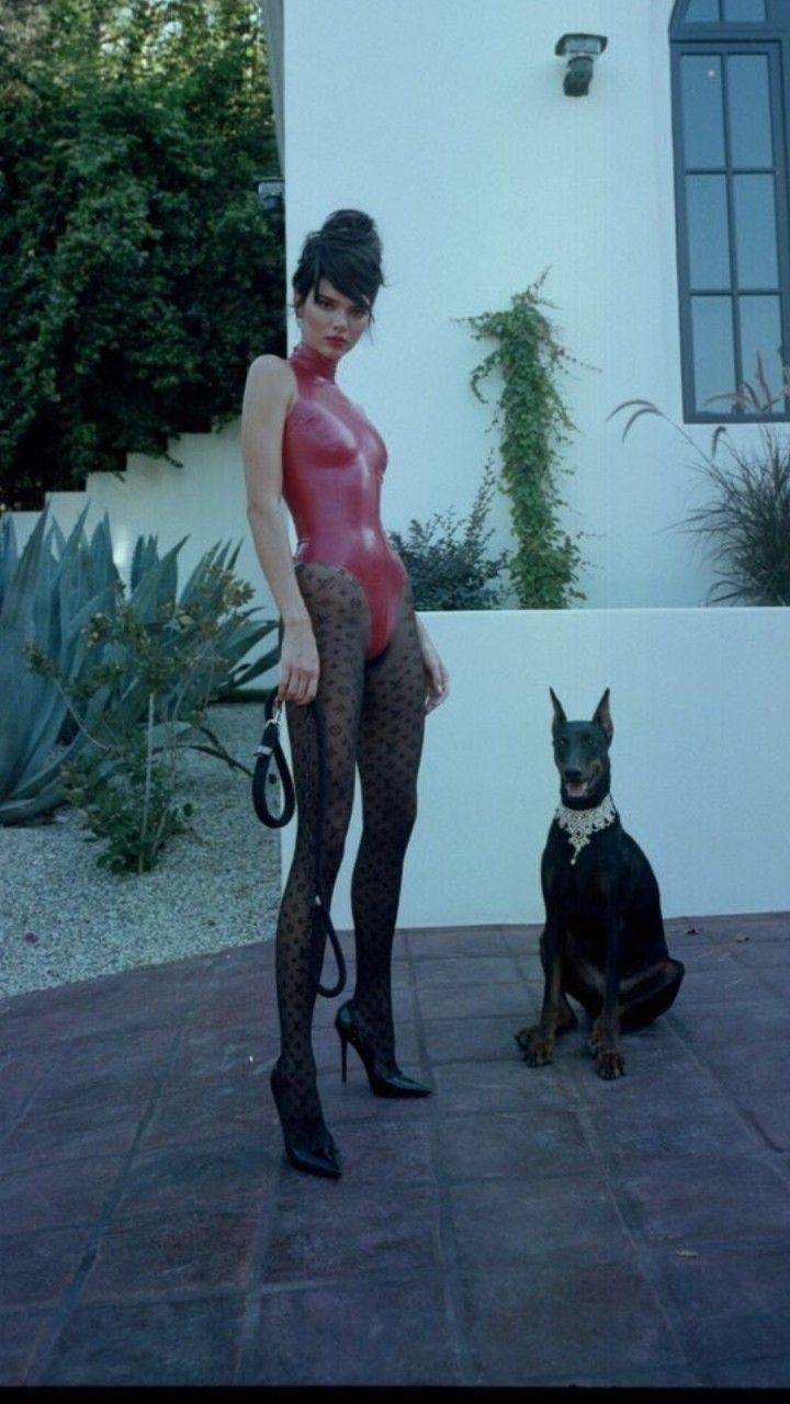 720x1280, 118 Kb / брюнетка, каблуки, поводок, боди, собака, доберман, ошейник, ожерелье, Kendall Jenner