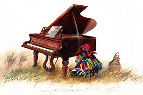 500x332, 35 Kb / Grzegorz Szumowski, луг, рояль, бидон, рисунок, доярка