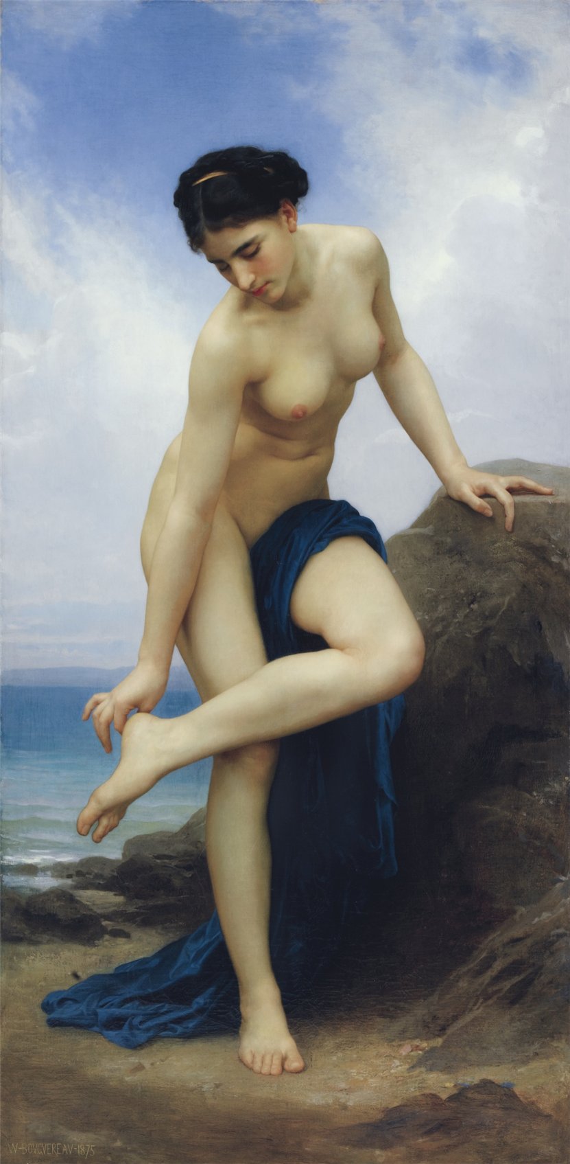 831x1695, 157 Kb / картина, женщина, накидка, воды, небо, камень, Вильям-Адольф Бугро