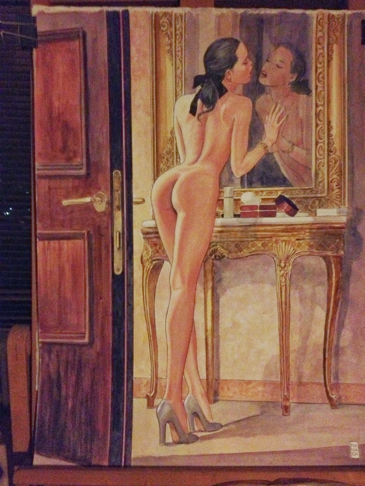 1200x1600, 342 Kb / рисунок, дверь, девушка, зеркало, Milo Manara