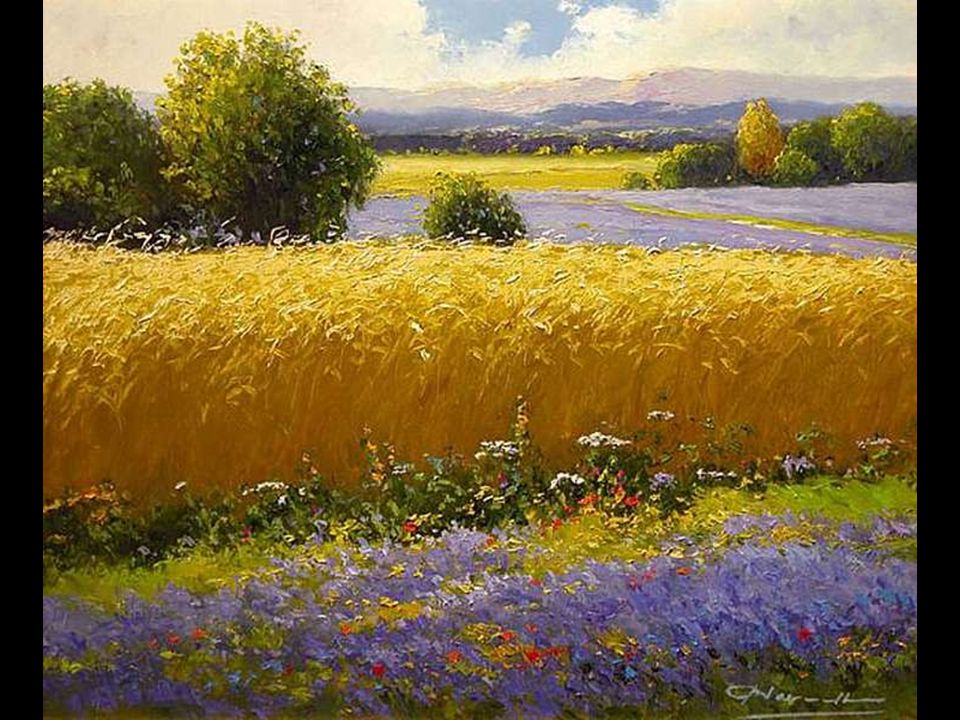 960x720, 146 Kb / картина, поля, пшеница, цветы, травы, деревья, облака, небо, горы
