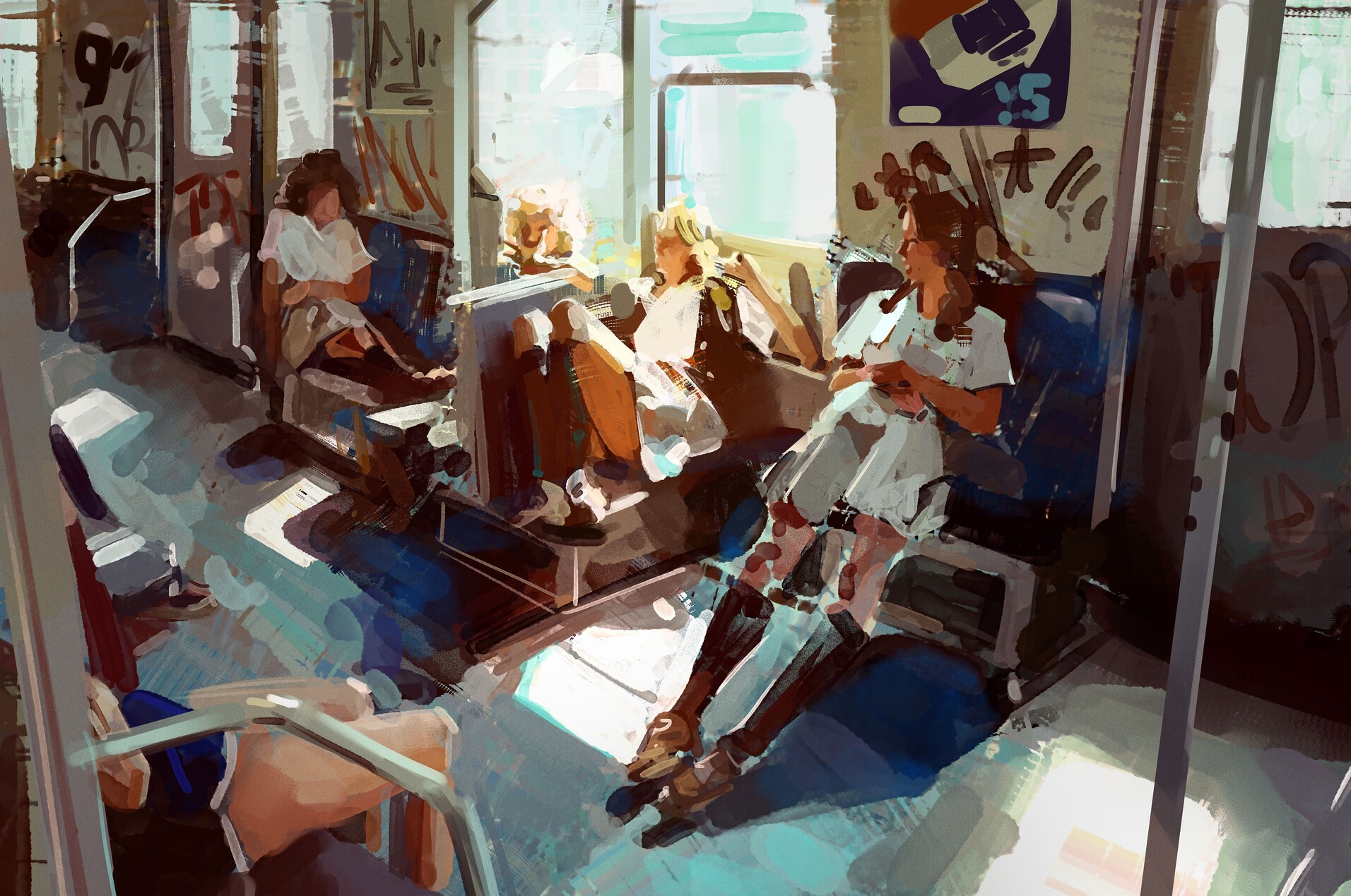 1912x1269, 571 Kb / автобус, школьницы, картина, рисунок, метро, поезд, вагон