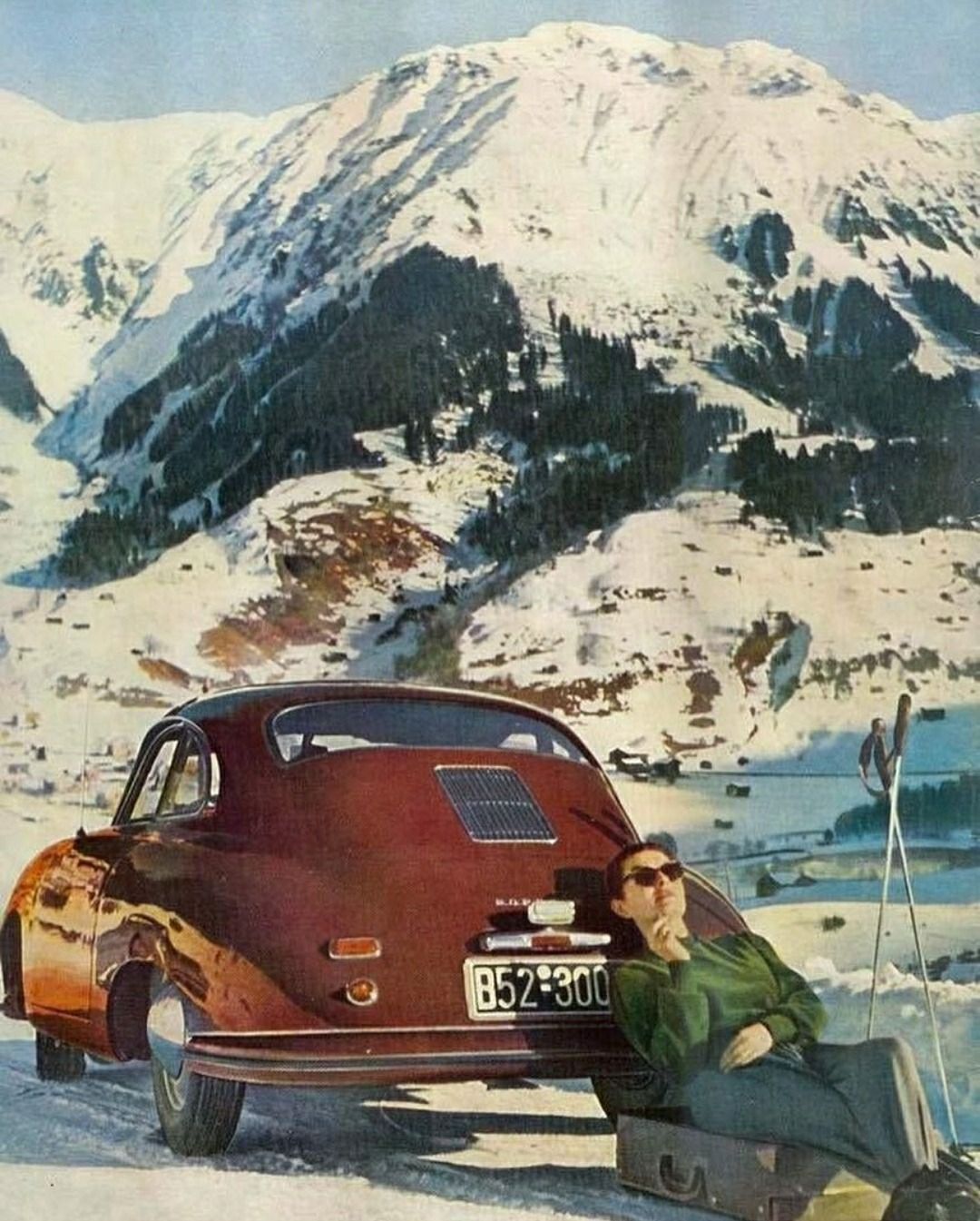1080x1345, 209 Kb / автомобиль, женщина, горы, очки, чемодан, снег, Porsche 356A