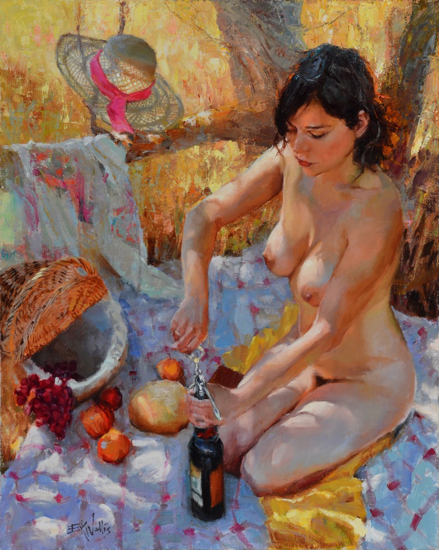 900x1126, 301 Kb / пикник, бутылка, штопор, корзина, виноград, шляпа, картина, Eric Wallis