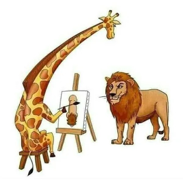 600x590, 411 Kb / Жираф, лев, рисует