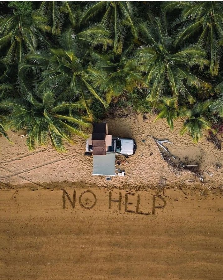 716x898, 193 Kb / палатка, автомобиль, берег, песок, пальмы, джунгли, надпись, не помогать, no help
