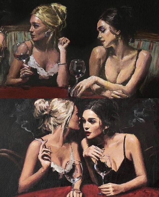 640x790, 108 Kb / две, женщины, сигареты, дым, бокалы, жест, Fabian Perez, картина