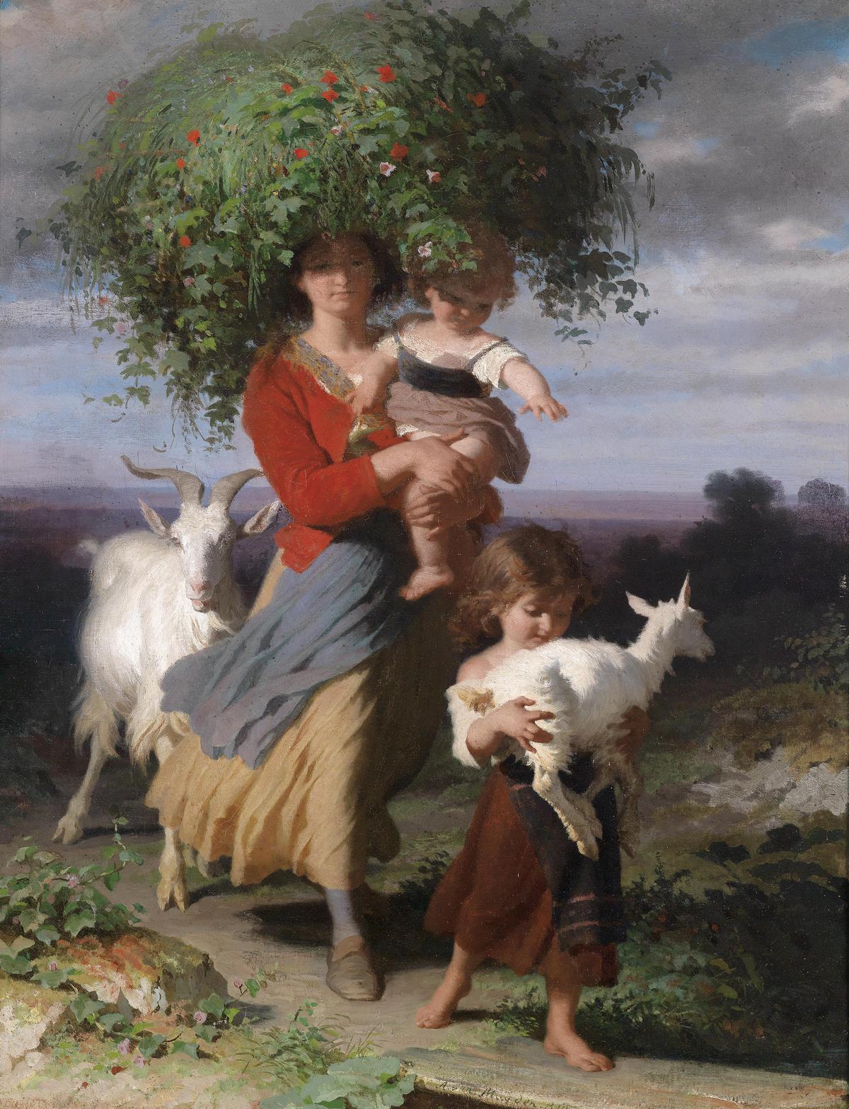1200x1567, 302 Kb / женщина, дети, козы, трава, картина