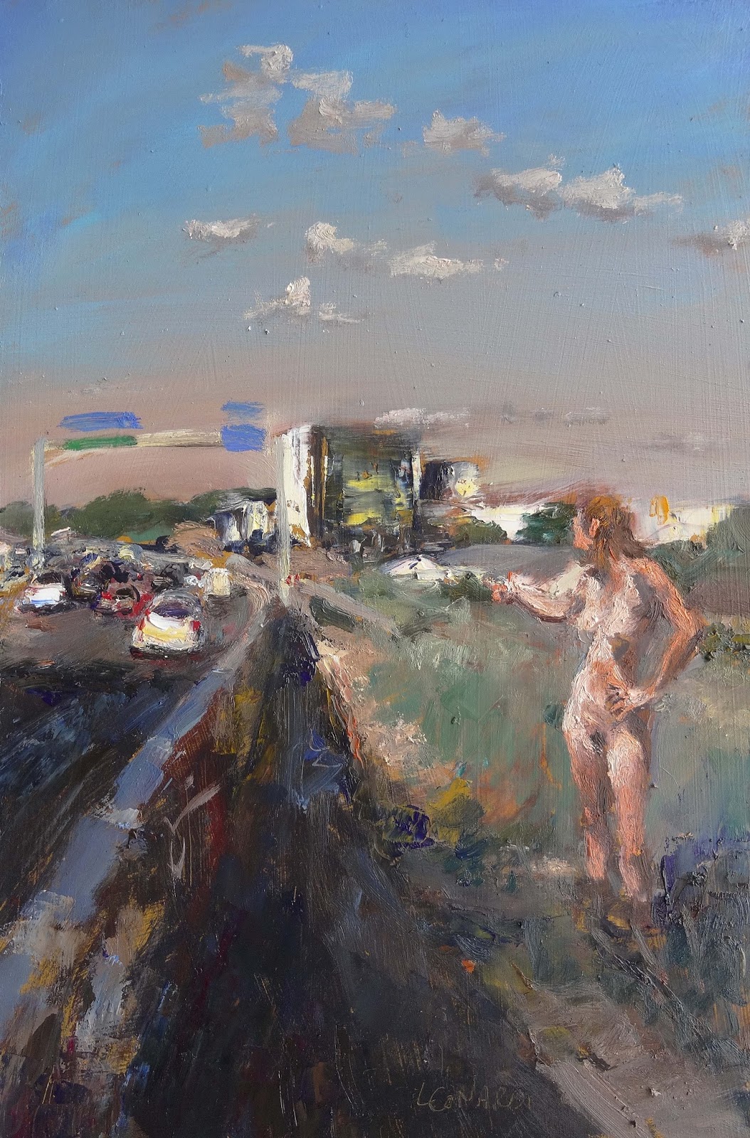 1054x1600, 500 Kb / женщина, дорога, ограждение, автомобили, небо, картина, Manuel Leonardi