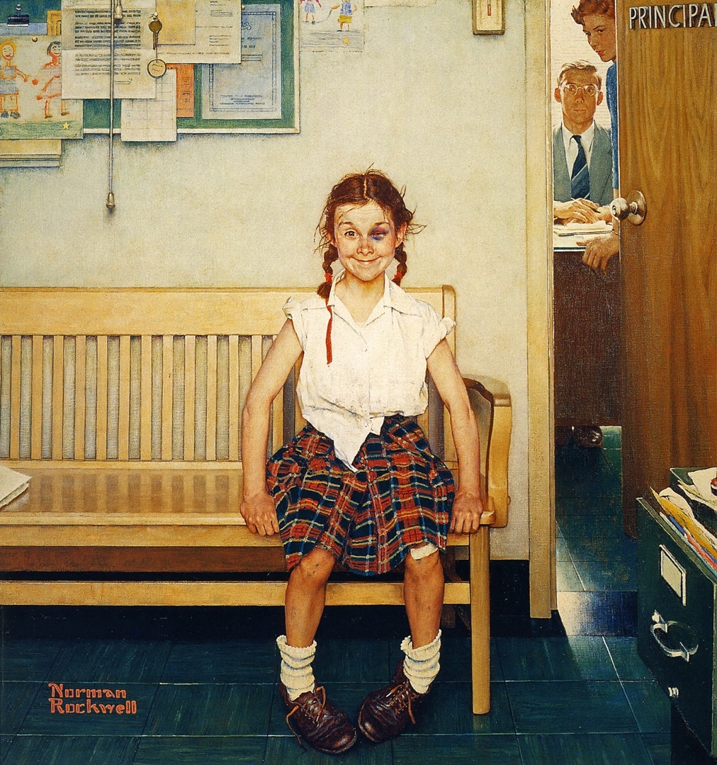 1012x1080, 560 Kb / синяк, девочка, Норман Роккуэлл, картина, рисунок, скамейка, косички, школа, хулиган, юбка