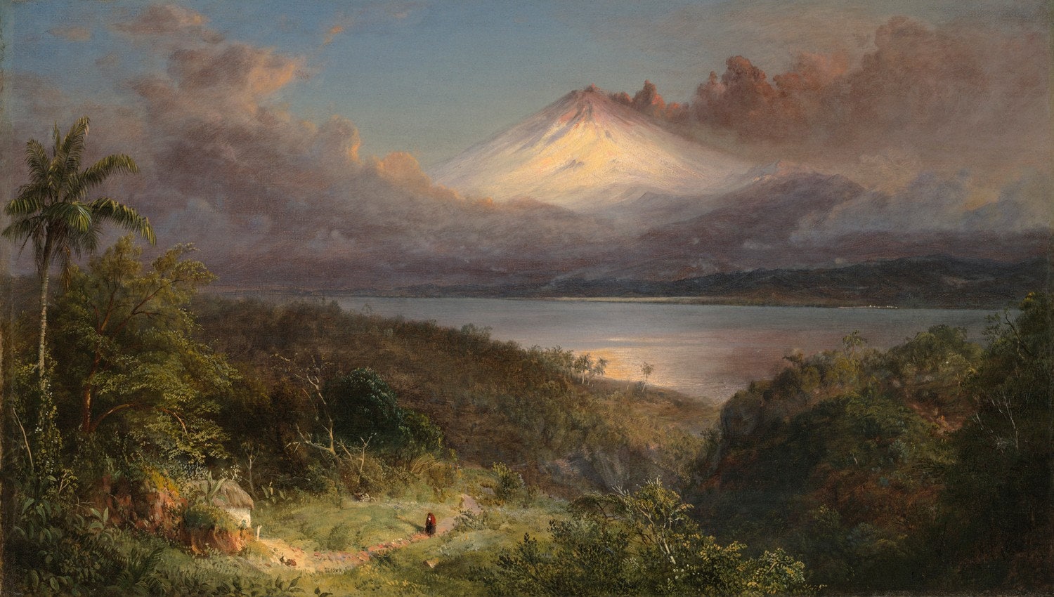 1500x850, 255 Kb / Frederic Edwin Church, картина, женщина, путница, гора, воды, деревья, кусты, тропы, дым, вулкан, вечер