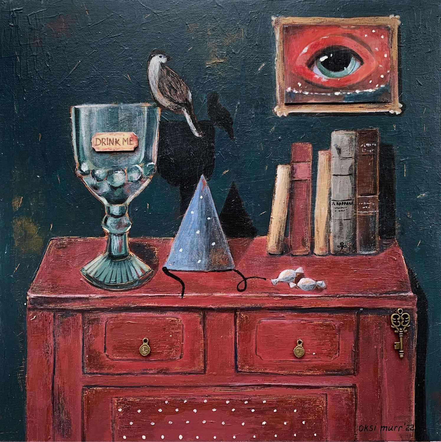 1495x1500, 528 Kb / картина, Оксана Муратова, выпей меня, бокал, книги, рама, глаз, око, птица, колпак, конфеты, тумба, ключ