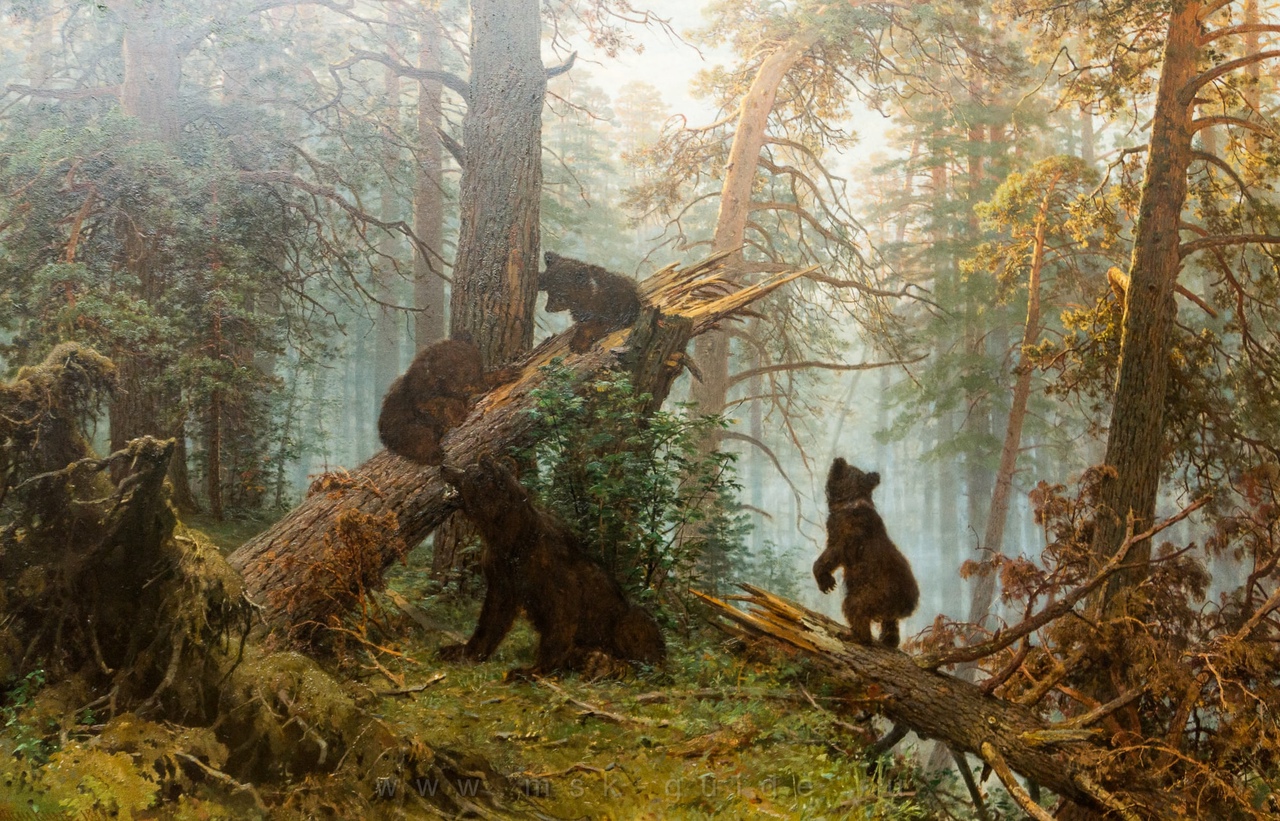 1280x821, 614 Kb / Шишкин И.И., Утро в сосновом лесу, картина, медведи, лес, деревья, корни