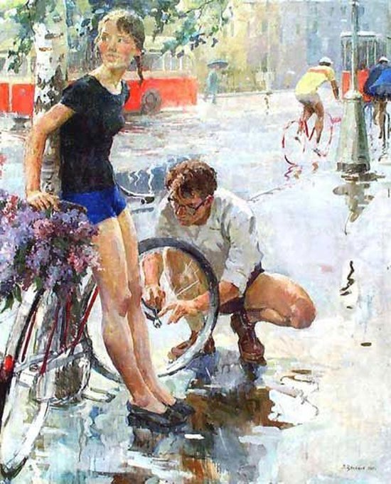 550x681, 110 Kb / рисунок, велосипед, девочка, дождь, сирень, акварель
