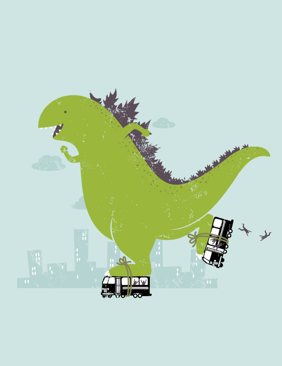 576x749, 76 Kb / динозавр, ролики, автобус, годзилла
