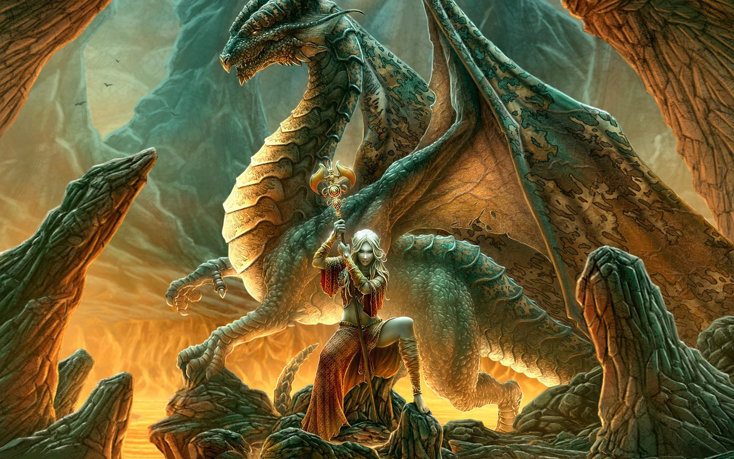 1440x900, 295 Kb / дракон, посох, воительница