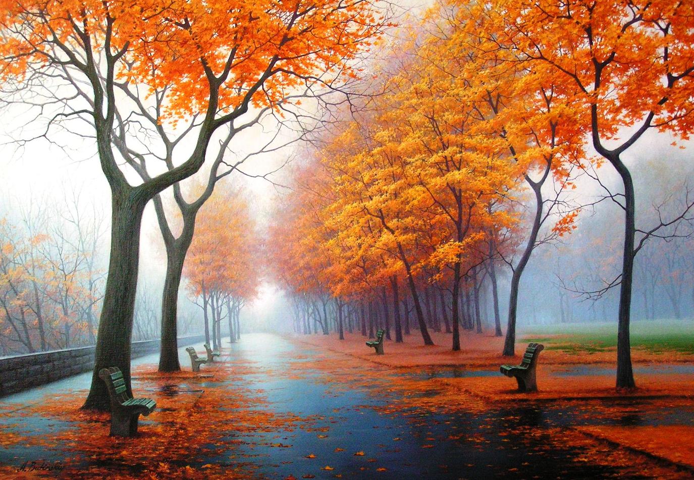 1375x951, 297 Kb / осень, аллея, скамейки, деревья, листья, туман, рисунок