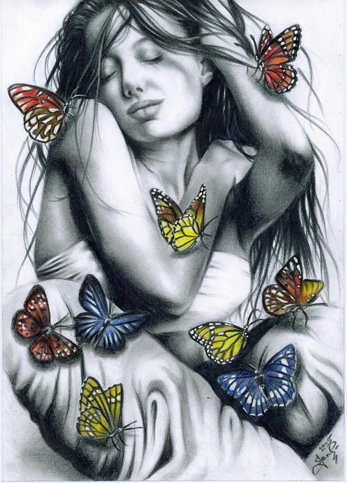 501x698, 74 Kb / рисунок, девушка, бабочки