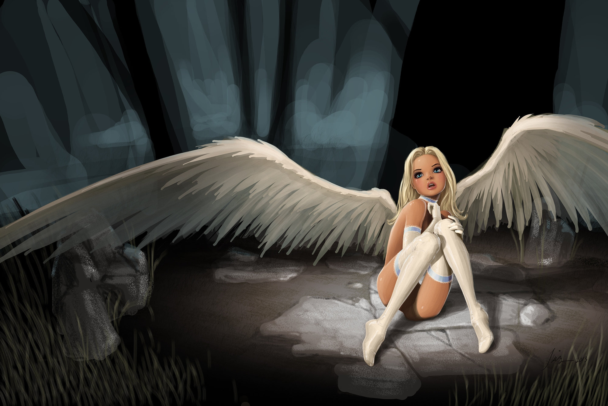 2000x1338, 346 Kb / ангел, крылья, чулки, перчатки, блондинка