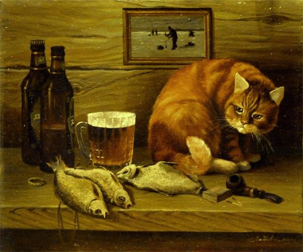 600x500, 61 Kb / пиво, кружка, кот, картина, рыба
