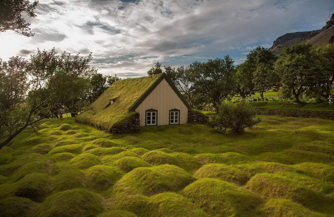 1099x714, 165 Kb / церковь, исландия, дерн, трава, дом, зелень