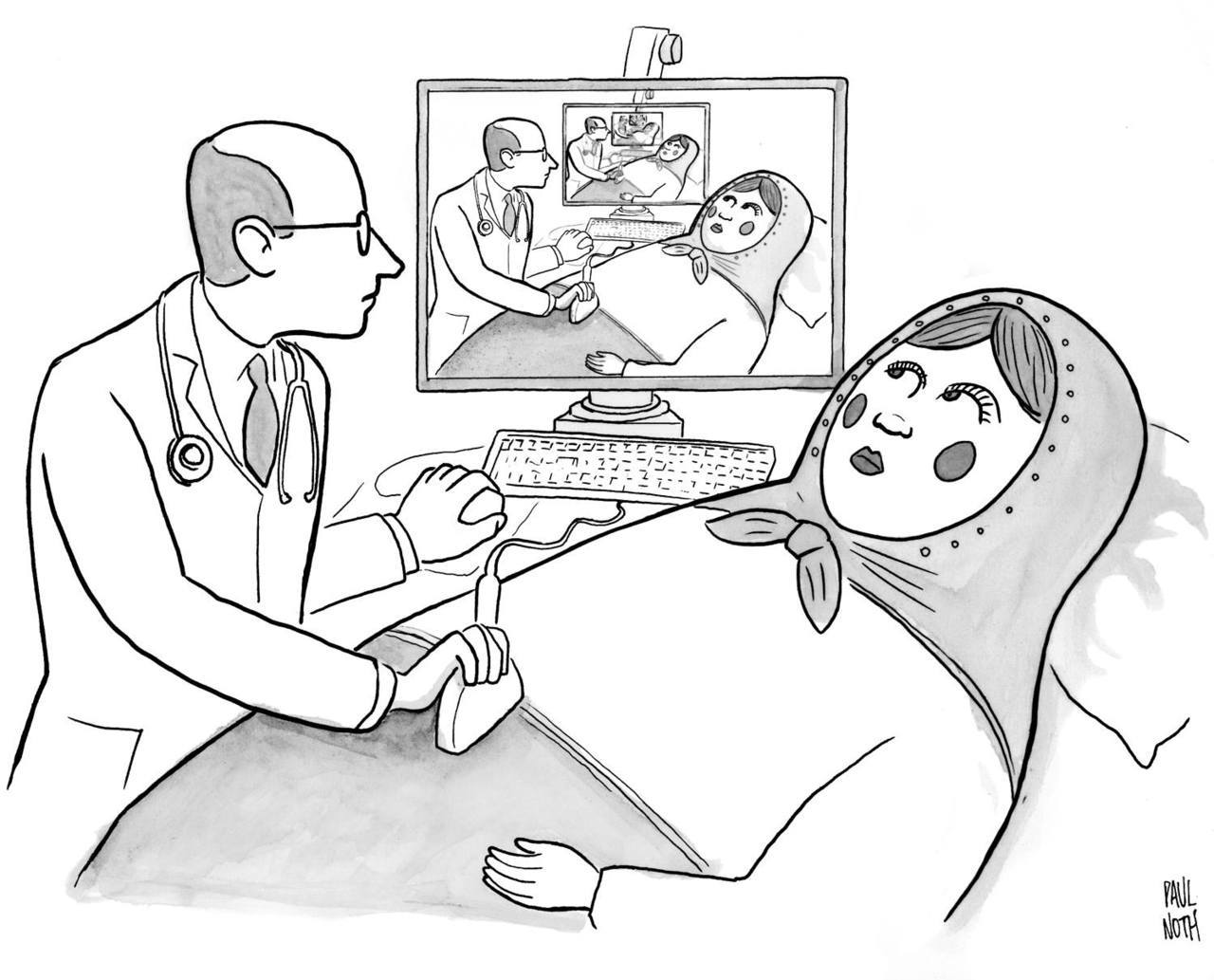 1280x1033, 116 Kb / узи, врач, матрёшка, беременная, ч/б, рекурсия, Paul Noth