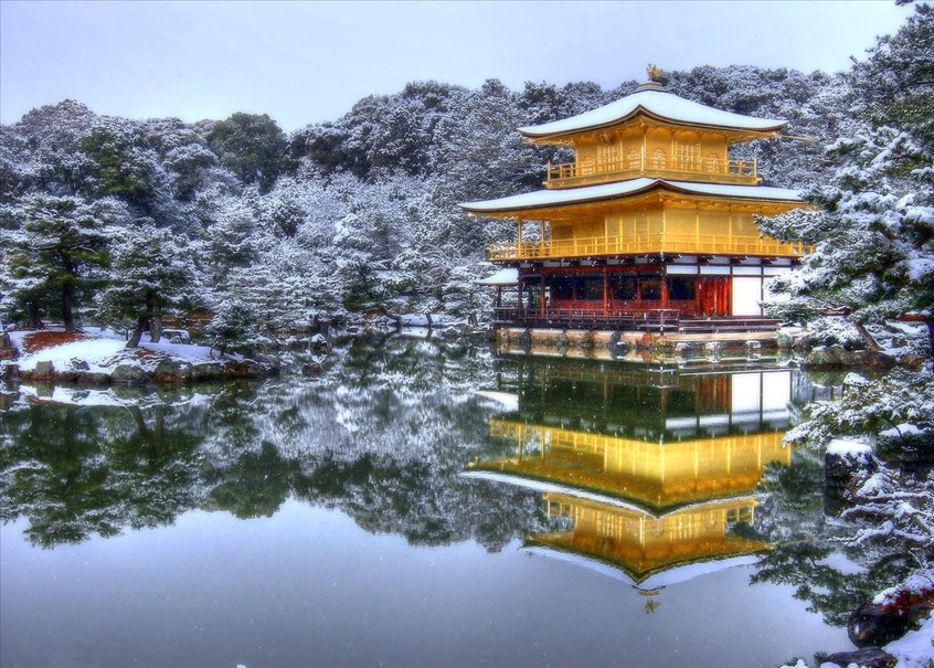 846x605, 164 Kb / Япония, павильон, храм, Рокуон-дзи, пруд, зима, снег, отражение, золото