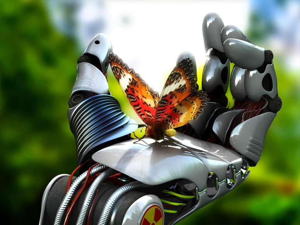 1024x768, 154 Kb / бабочка, рука, робот, механизм, 3d