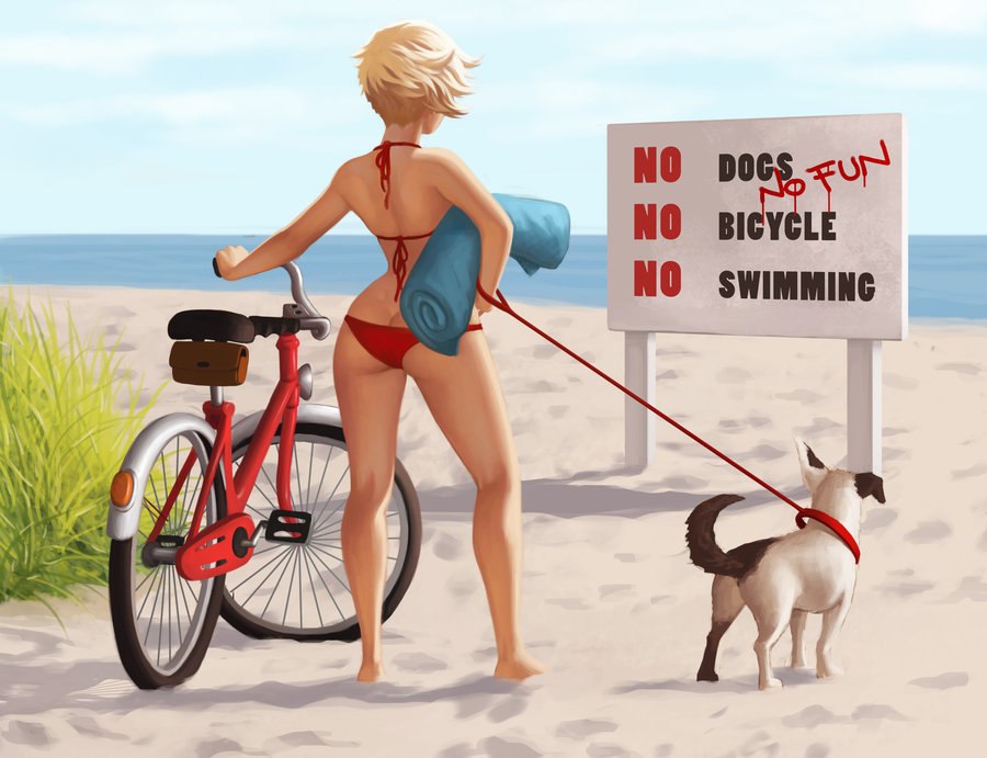 900x691, 92 Kb / собака, велосипед, пляж, блондинка, купание, запрет