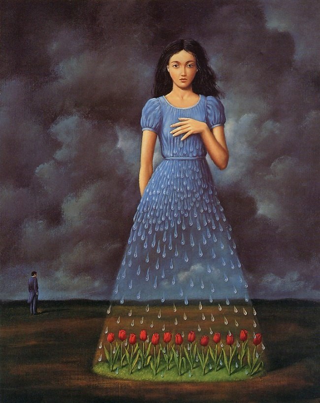 650x818, 108 Kb / Ольбиньский, девушка, тюльпаны, дождь, свет, сюрреализм