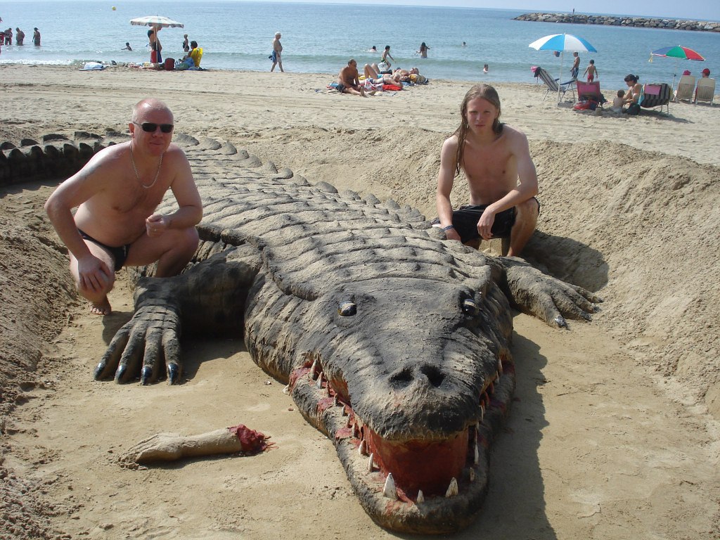1024x768, 253 Kb / Крокодил, песок, рука, пляж