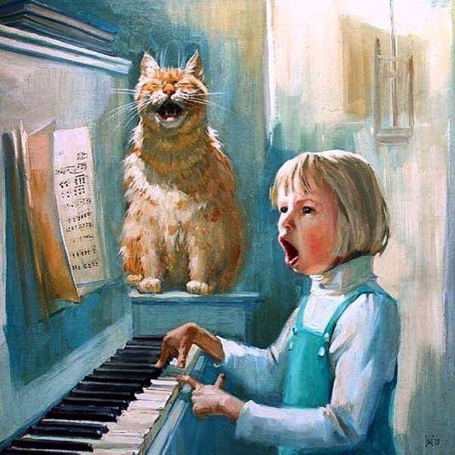 640x640, 113 Kb / картина, девочка, кот, фортепиано, ноты