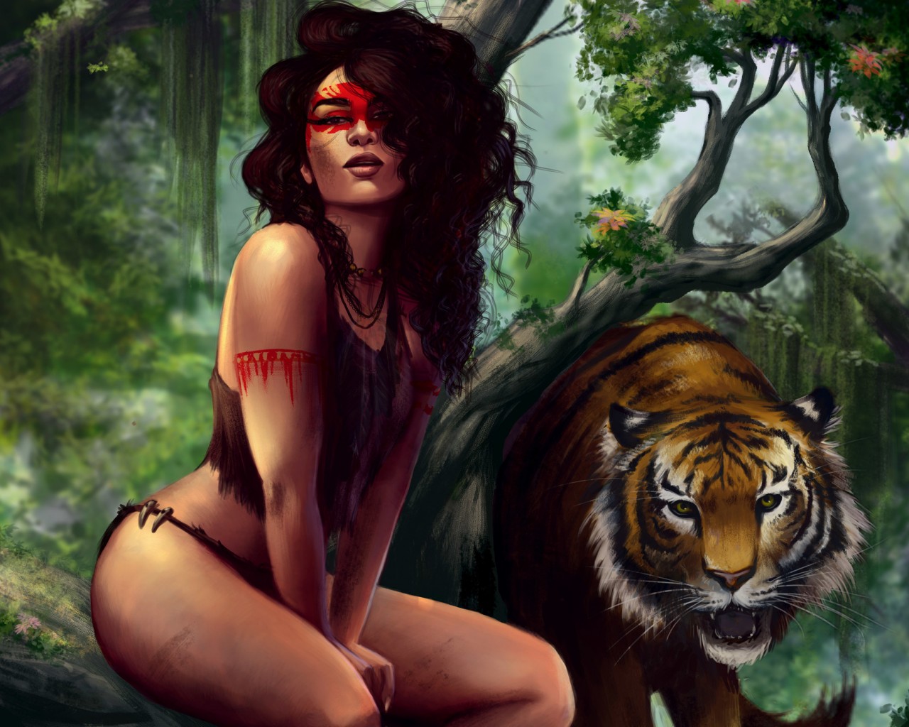 1280x1024, 264 Kb / арт ,амазонка ,взгляд, тигр,  джунгли