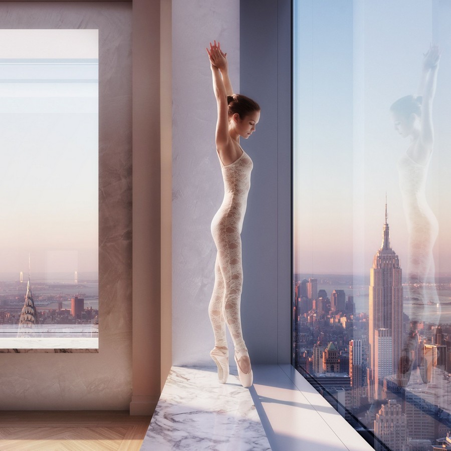 900x900, 128 Kb / нью-йорк, балерина, пуанты, окно, небоскрёб